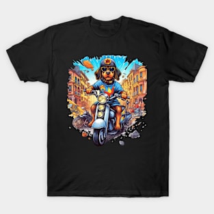 A humorous t-shirt design featuring a Rottweiler Dog riding a scooter T-Shirt